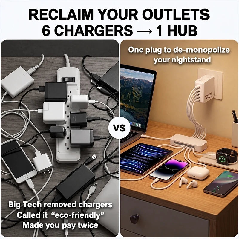 Six-Port USB and USB-C Wall Charger for Multi-Device Charging