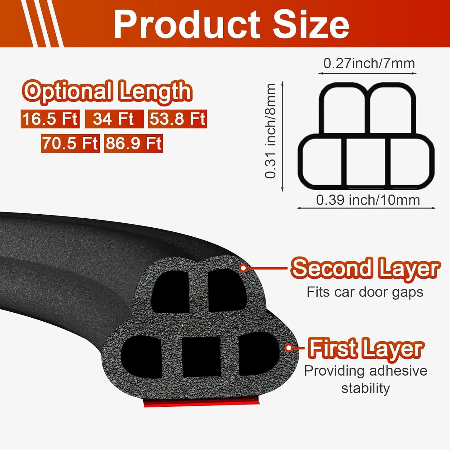 32.8 Ft Car Door Seal Strip Universal Self Adhesive Automotive Weather Stripping- 2 Sets