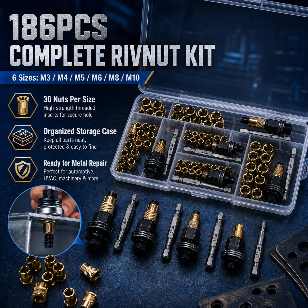 Manual & Electric Rivet Nut Tool Kit, Rivnut Setting Tool Set