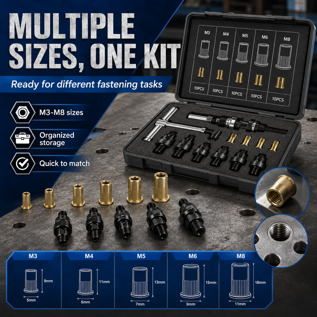 Manual & Electric Rivet Nut Tool Kit, Rivnut Setting Tool Set