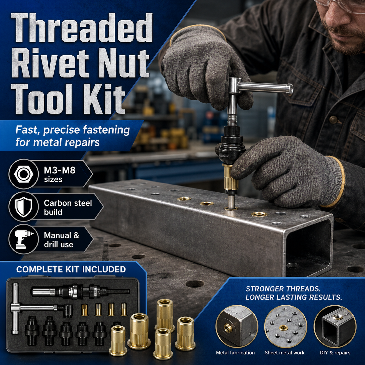 Manual & Electric Rivet Nut Tool Kit, Rivnut Setting Tool Set